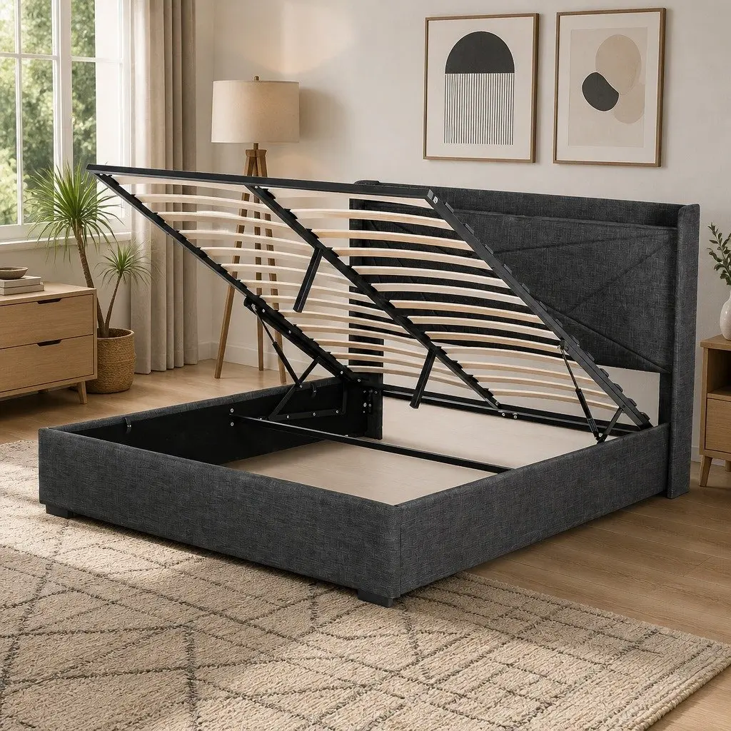 Queen Bed Frame Gas Lift Storage Upholstered Geometric 165W x 221L x 123H cm Plywood Pine Wood Faux Linen Fabric Metal