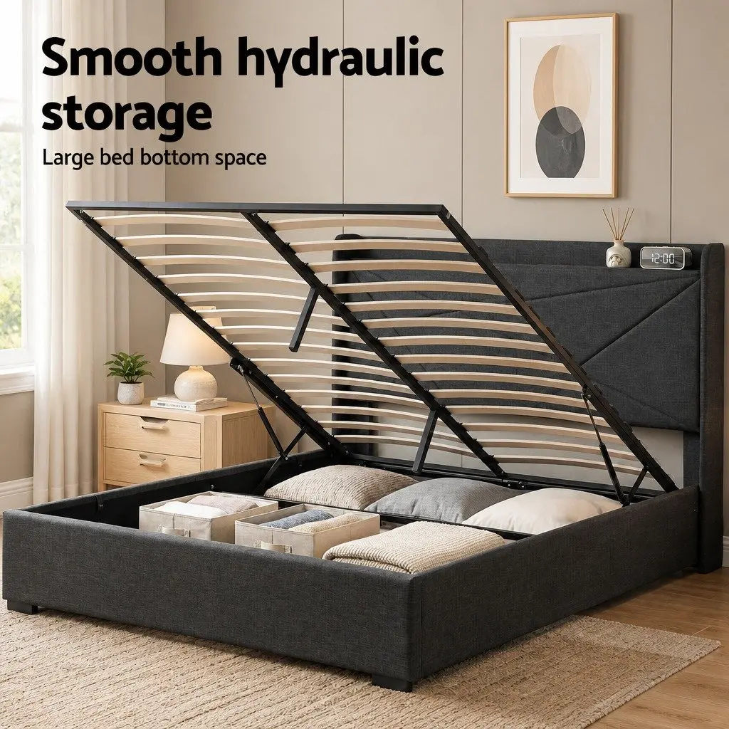 Queen Bed Frame Gas Lift Storage Upholstered Geometric 165W x 221L x 123H cm Plywood Pine Wood Faux Linen Fabric Metal