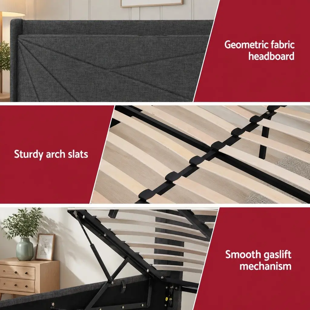 Queen Bed Frame Gas Lift Storage Upholstered Geometric 165W x 221L x 123H cm Plywood Pine Wood Faux Linen Fabric Metal