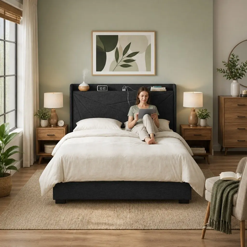 Queen Bed Frame Gas Lift Storage Upholstered Geometric 165W x 221L x 123H cm Plywood Pine Wood Faux Linen Fabric Metal