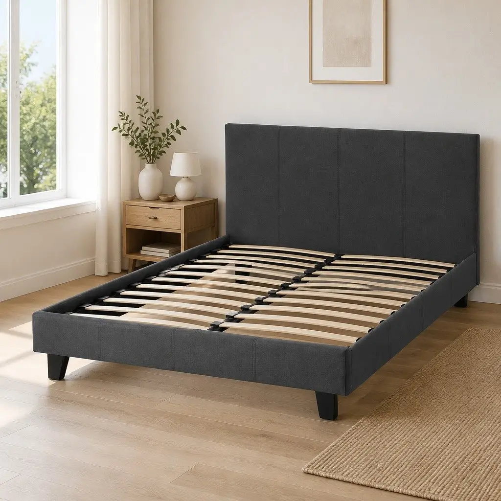 Charcoal Upholstered Double Bed Frame with Padded Slats