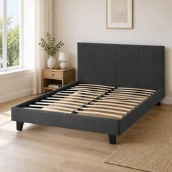 Charcoal Upholstered Double Bed Frame with Padded Slats