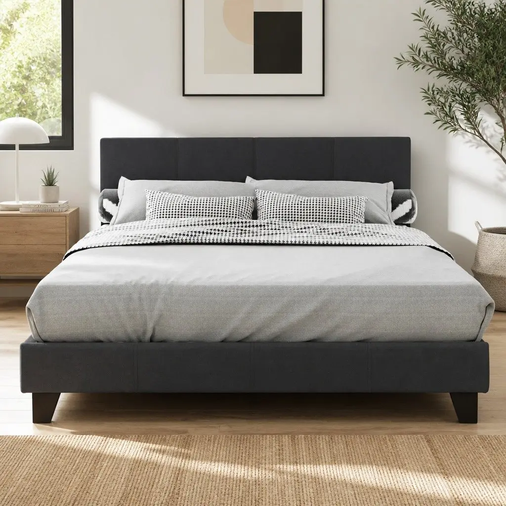 Charcoal Upholstered Double Bed Frame with Padded Slats