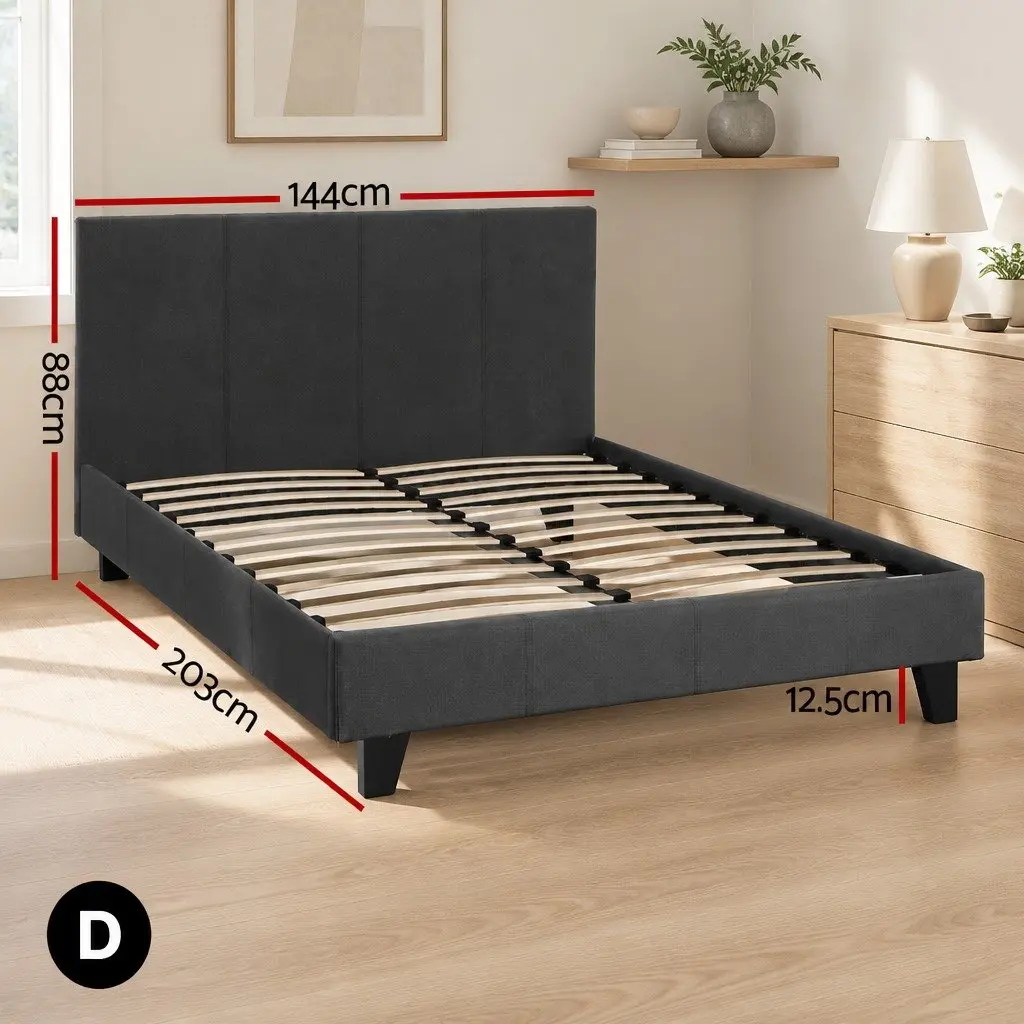 Charcoal Upholstered Double Bed Frame with Padded Slats