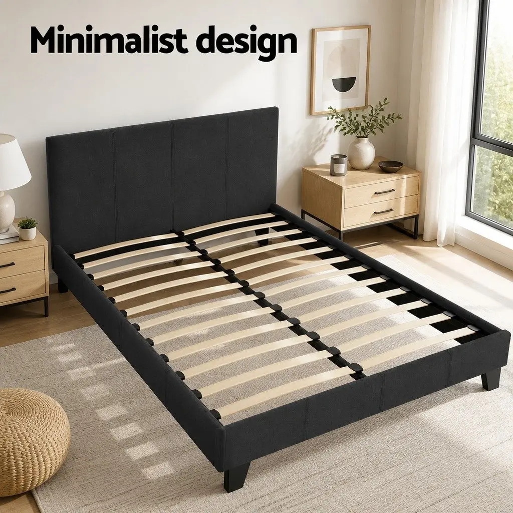 Charcoal Upholstered Double Bed Frame with Padded Slats