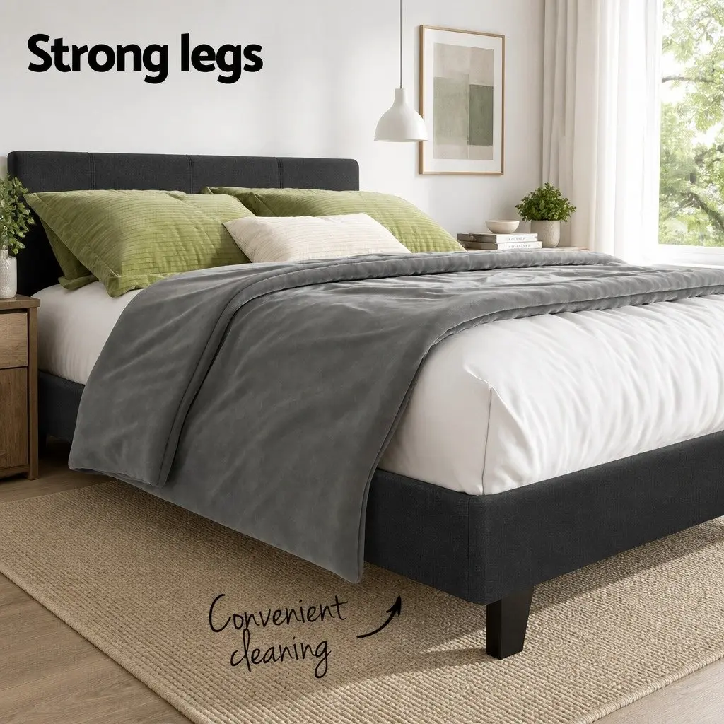 Charcoal Upholstered Double Bed Frame with Padded Slats