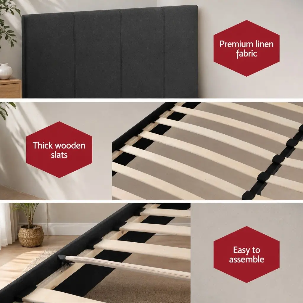 Charcoal Upholstered Double Bed Frame with Padded Slats