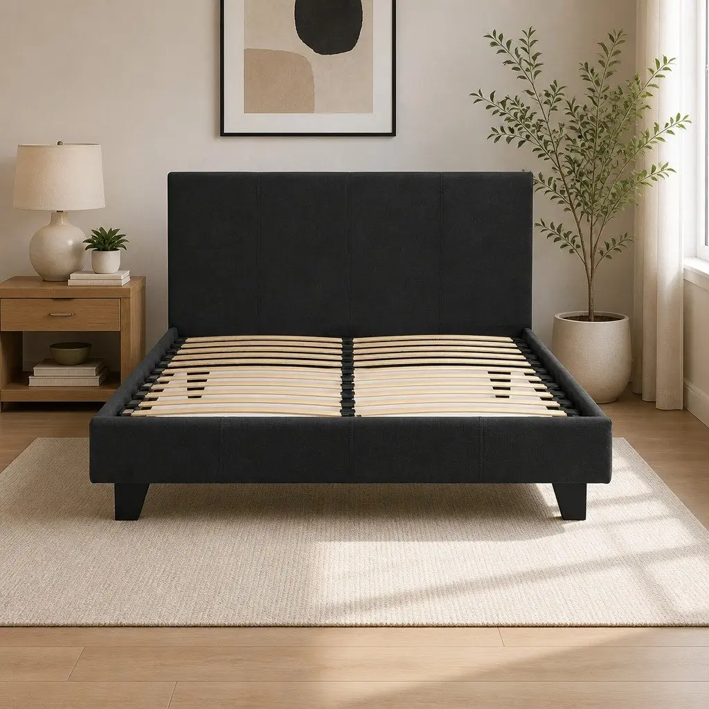 Charcoal Upholstered Double Bed Frame with Padded Slats