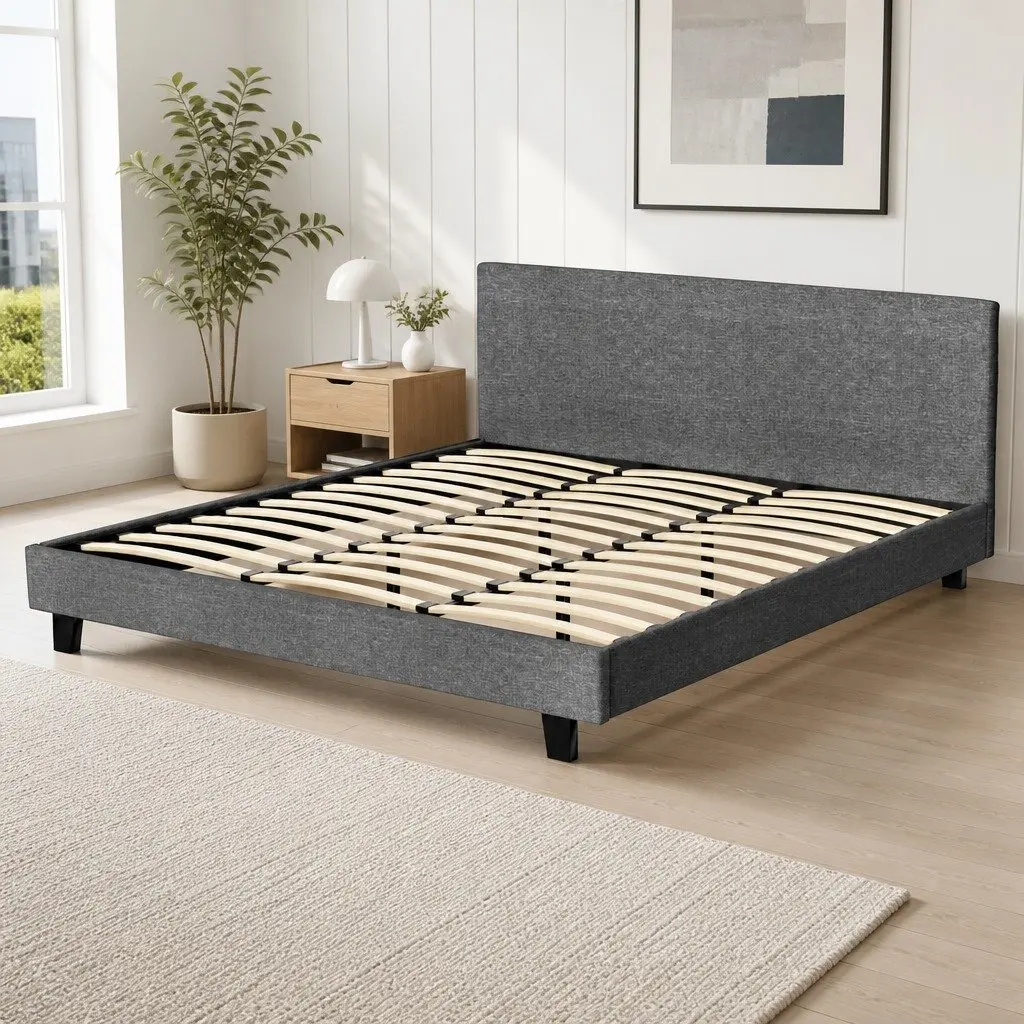 Grey Upholstered King Size Bed Frame with Padded Headboard