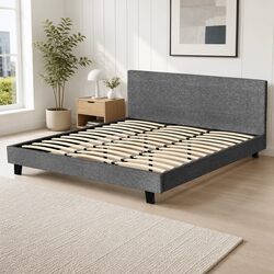 Grey Upholstered King Size Bed Frame with Padded Headboard