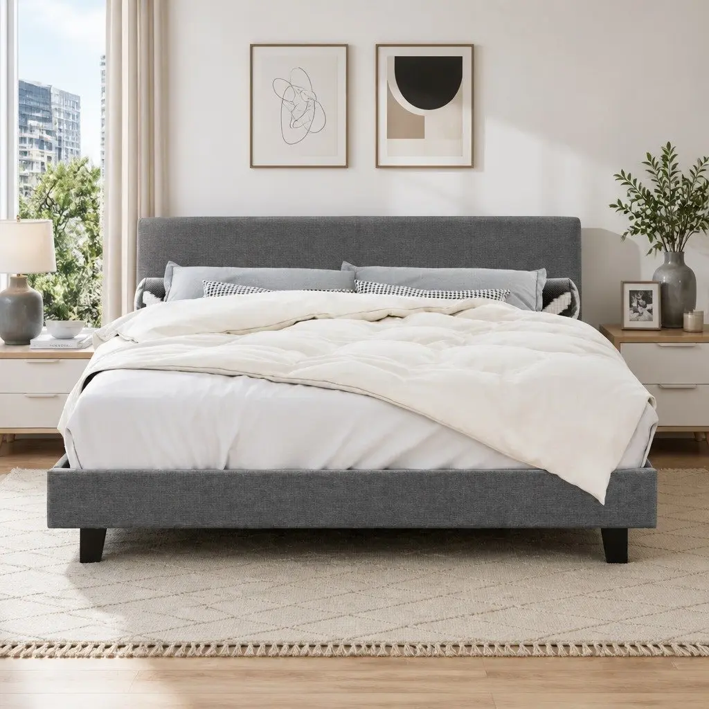Grey Upholstered King Size Bed Frame with Padded Headboard