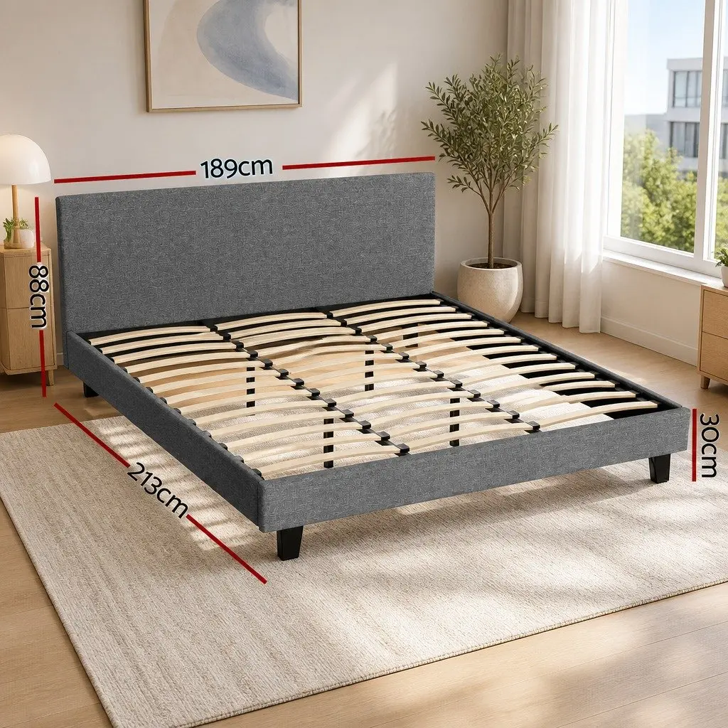Grey Upholstered King Size Bed Frame with Padded Headboard