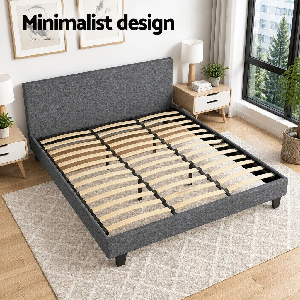 Grey Upholstered King Size Bed Frame with Padded Headboard