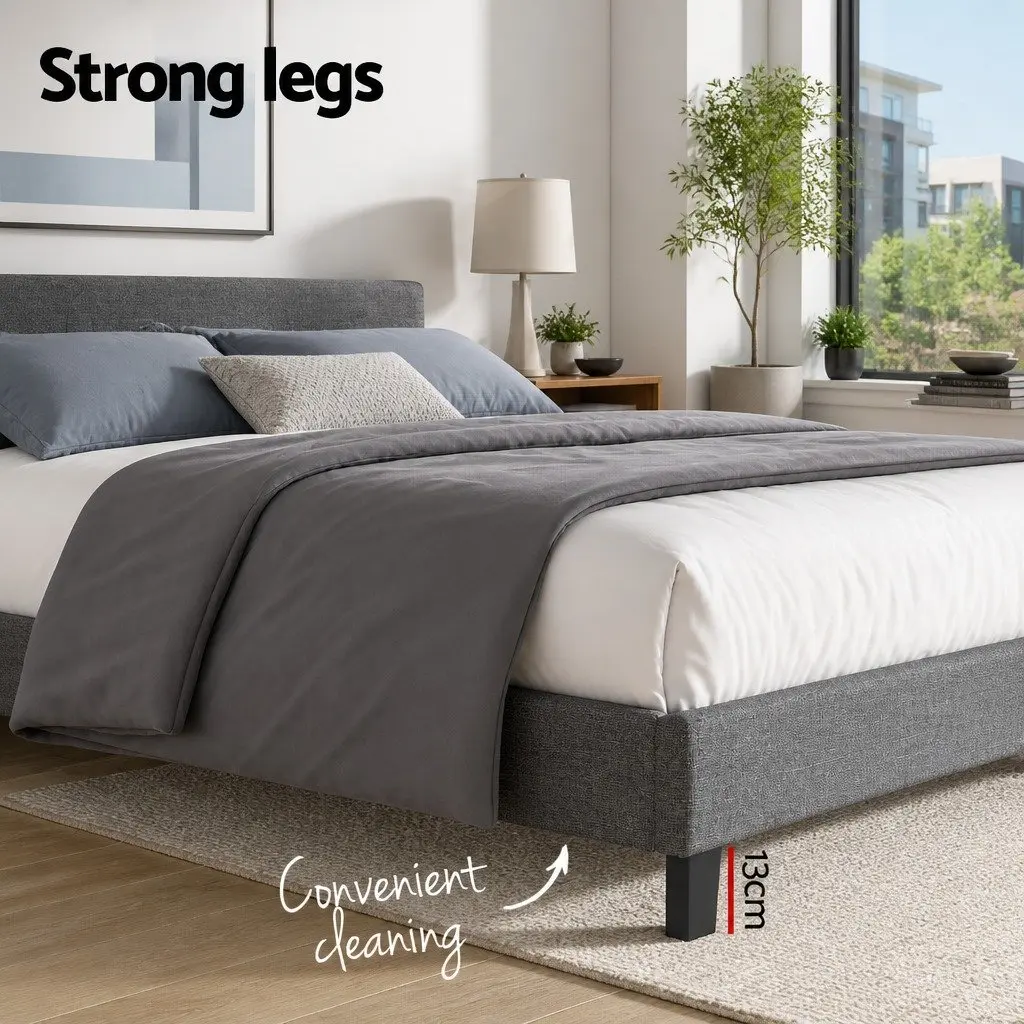 Grey Upholstered King Size Bed Frame with Padded Headboard