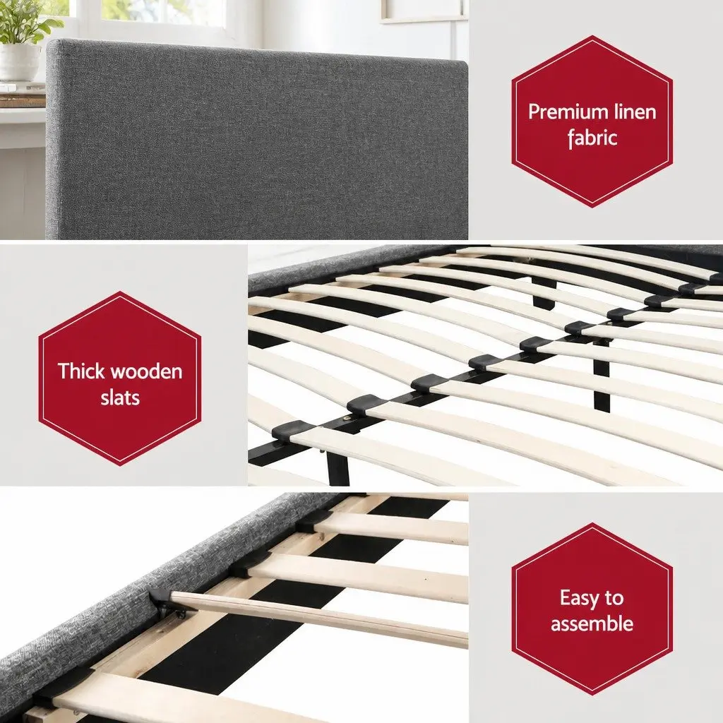 Grey Upholstered King Size Bed Frame with Padded Headboard