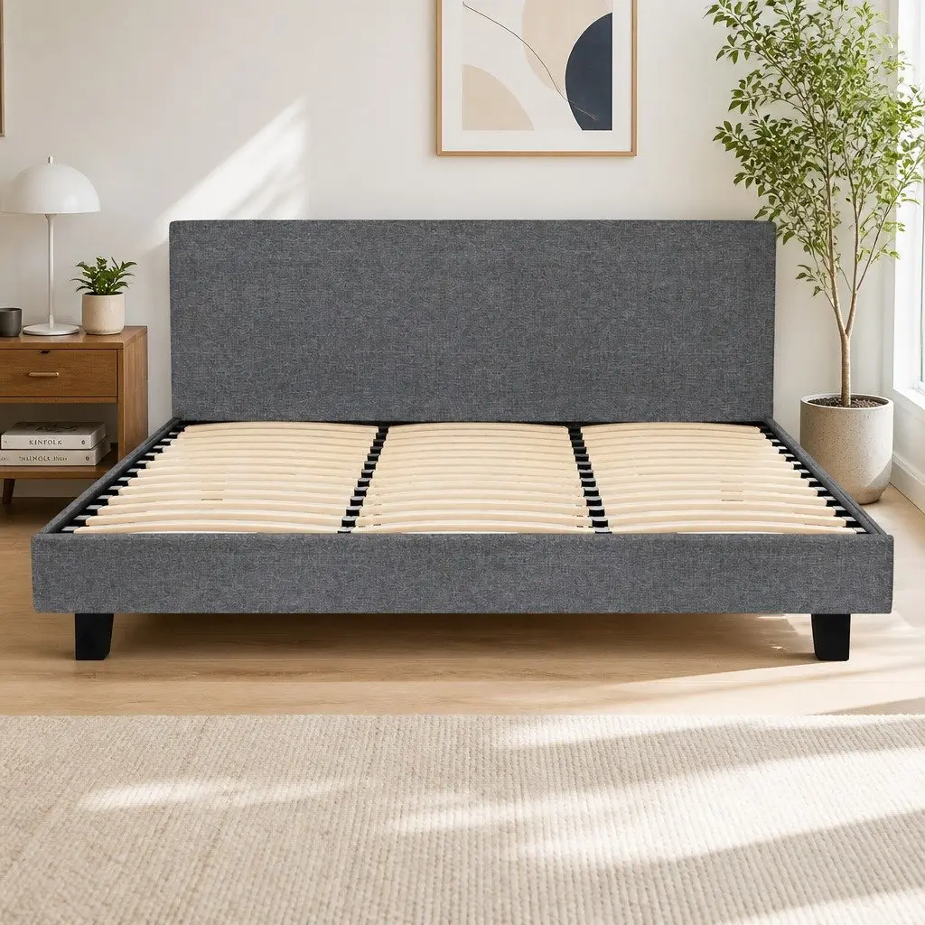 Grey Upholstered King Size Bed Frame with Padded Headboard