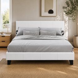 White Upholstered Queen Size Bed Frame with Wooden Slats