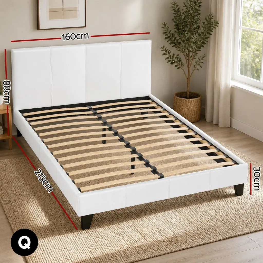 White Upholstered Queen Size Bed Frame with Wooden Slats