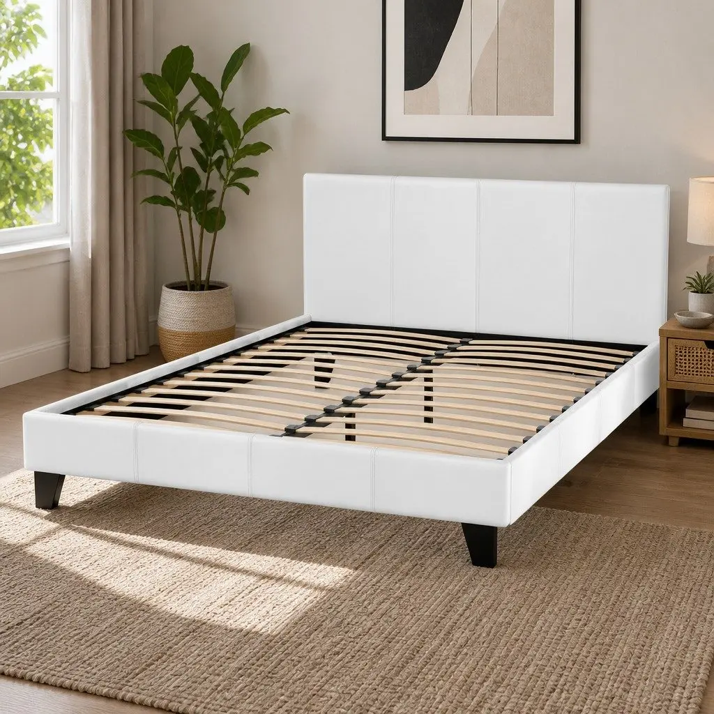 White Upholstered Queen Size Bed Frame with Wooden Slats