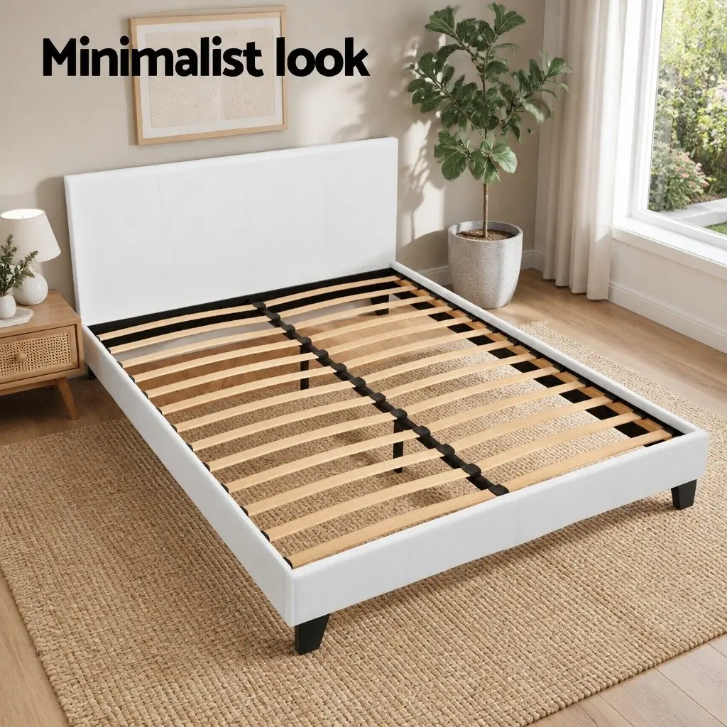 White Upholstered Queen Size Bed Frame with Wooden Slats