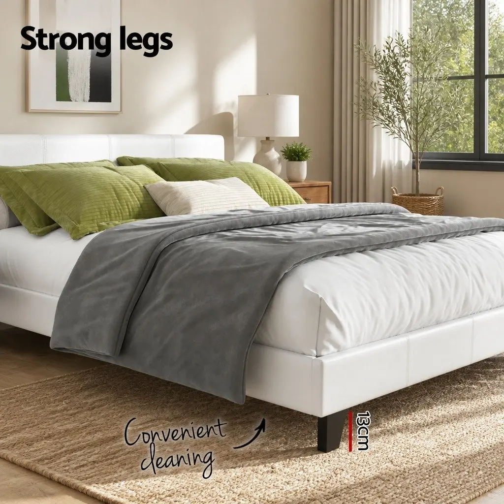 White Upholstered Queen Size Bed Frame with Wooden Slats
