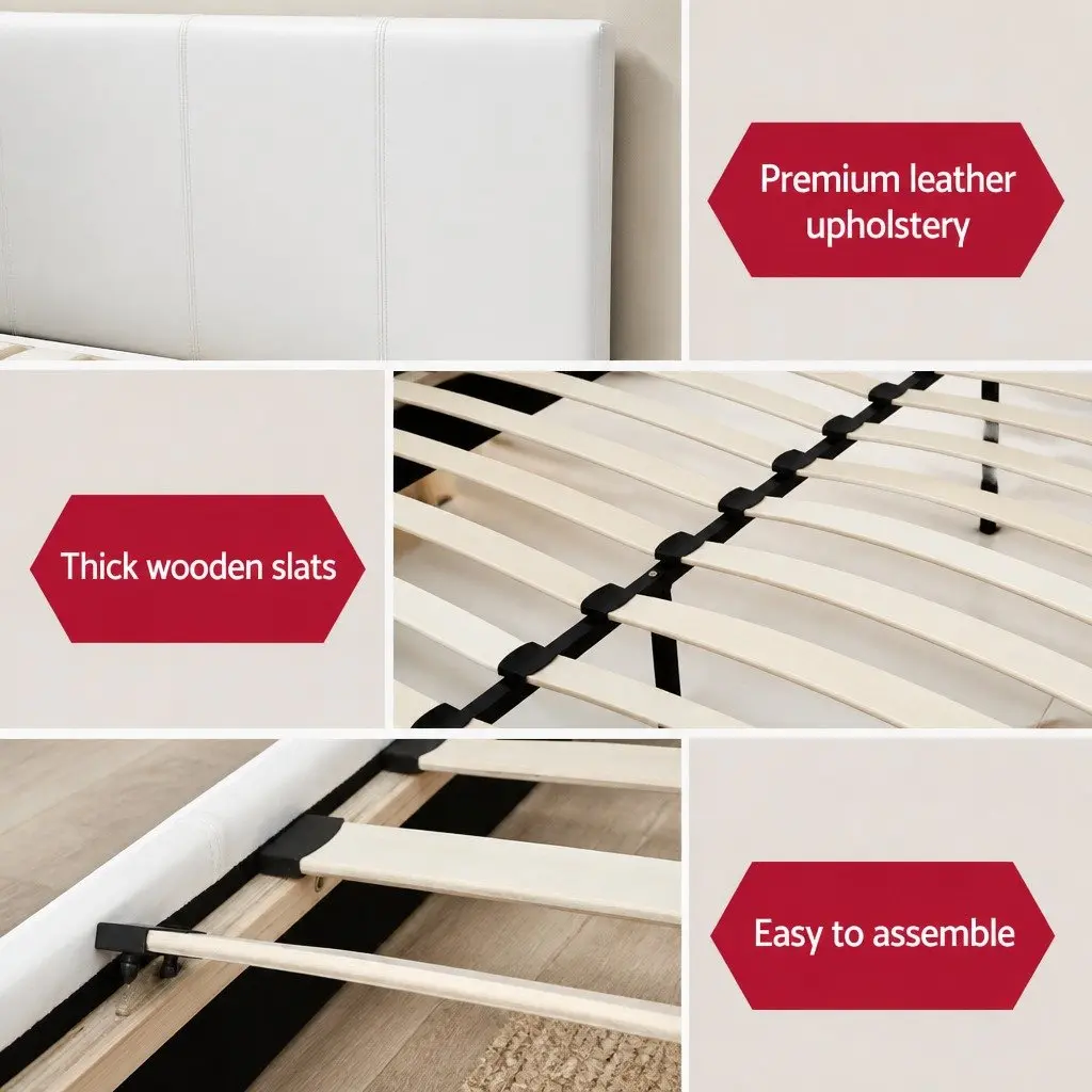 White Upholstered Queen Size Bed Frame with Wooden Slats