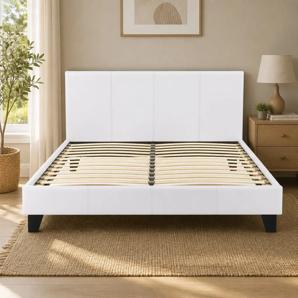 White Upholstered Queen Size Bed Frame with Wooden Slats