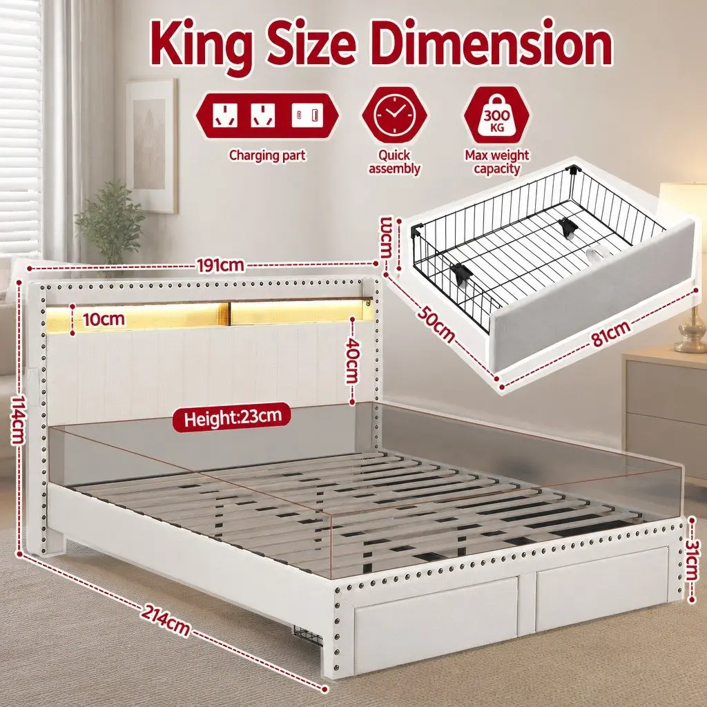 King Upholstered Bed Frame with Charging Station Mood Lighting Storage Drawers