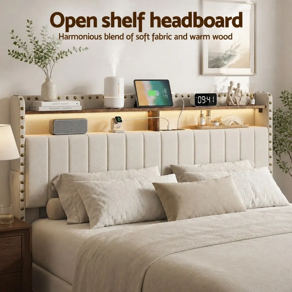 King Upholstered Bed Frame with Charging Station Mood Lighting Storage Drawers