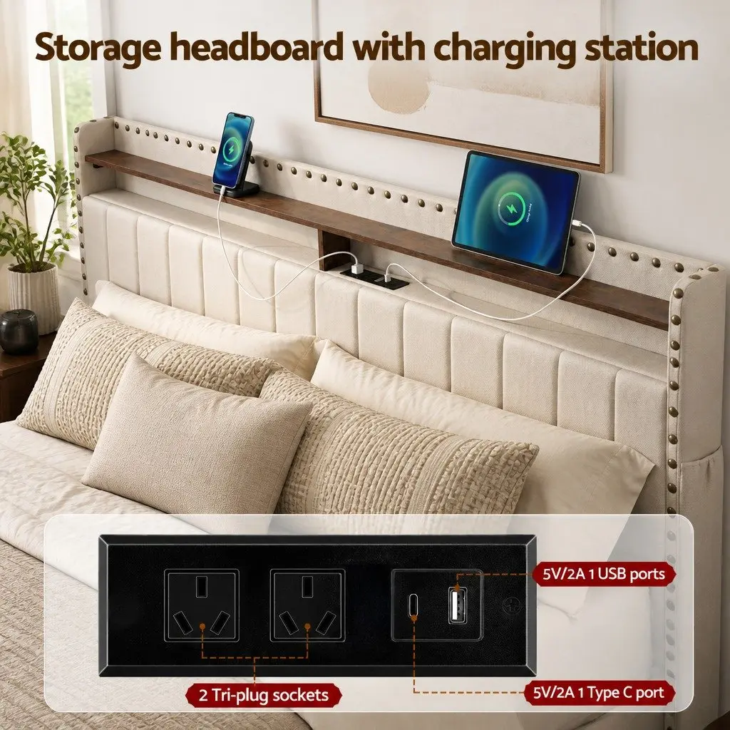 King Upholstered Bed Frame with Charging Station Mood Lighting Storage Drawers