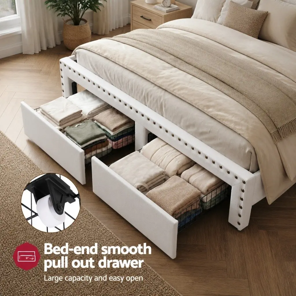 King Upholstered Bed Frame with Charging Station Mood Lighting Storage Drawers