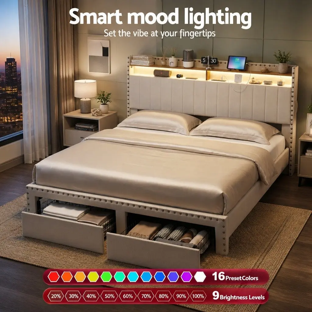 King Upholstered Bed Frame with Charging Station Mood Lighting Storage Drawers