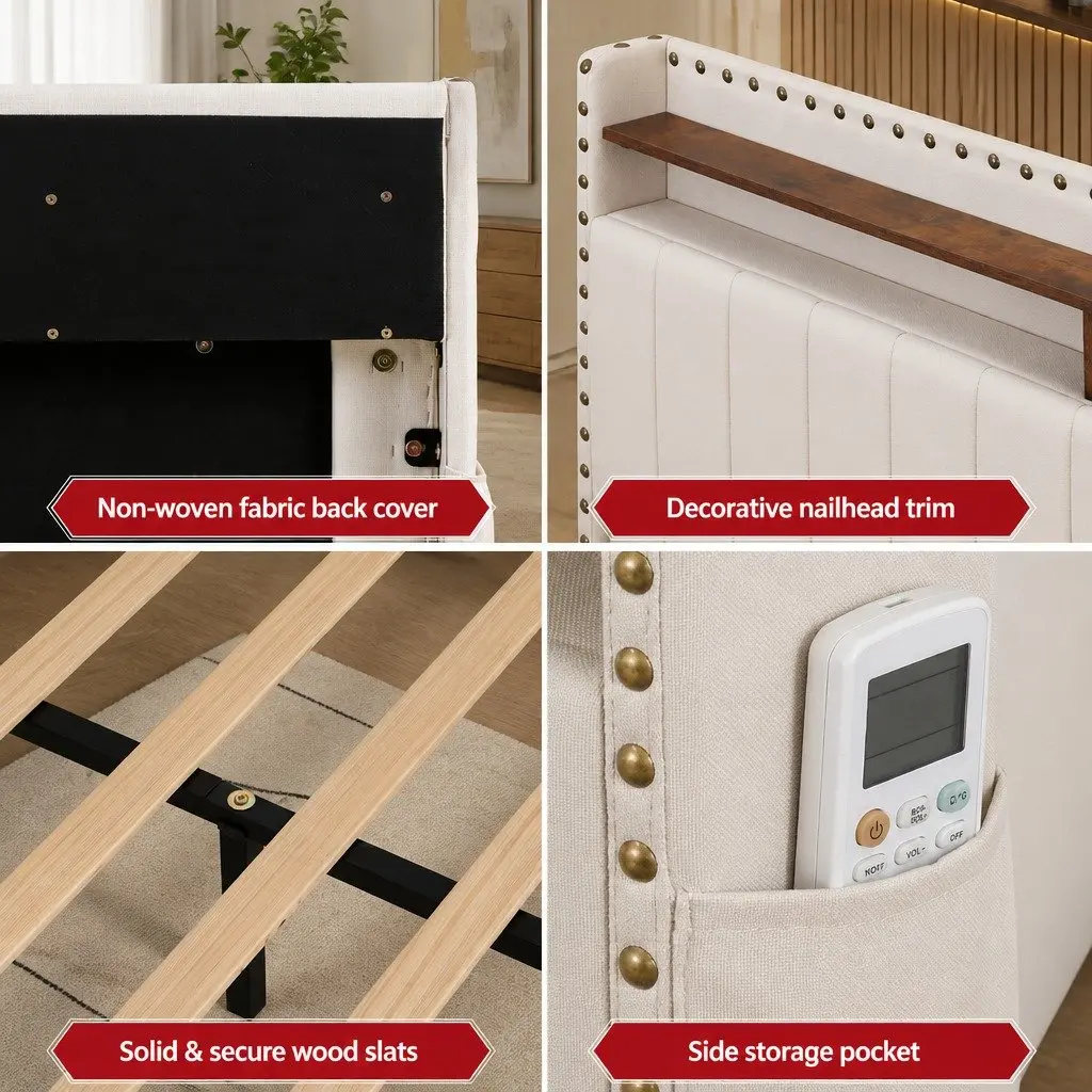 King Upholstered Bed Frame with Charging Station Mood Lighting Storage Drawers