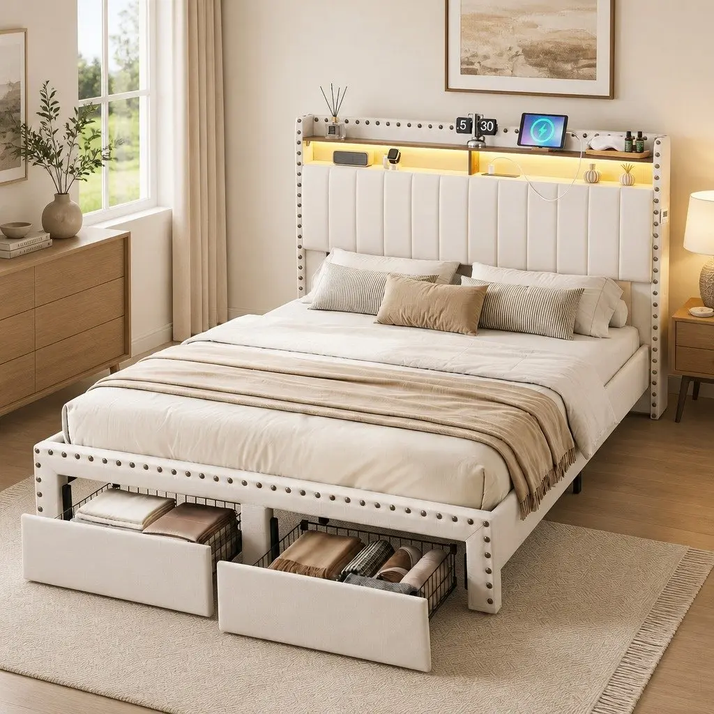 King Upholstered Bed Frame with Charging Station Mood Lighting Storage Drawers