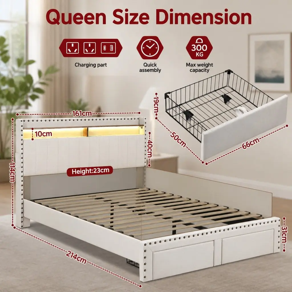 Queen Upholstered Bed Frame with Storage Drawers Charging Station Mood Lighting