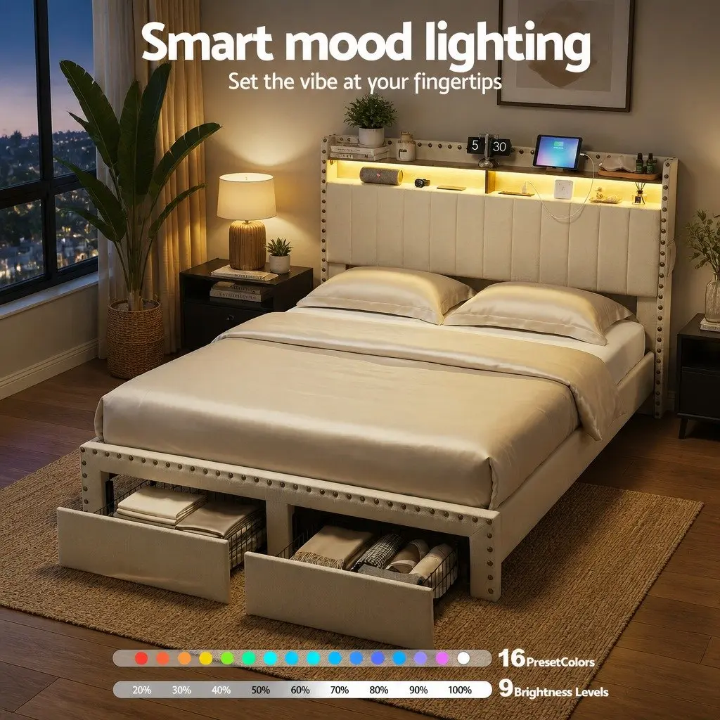 Queen Upholstered Bed Frame with Storage Drawers Charging Station Mood Lighting