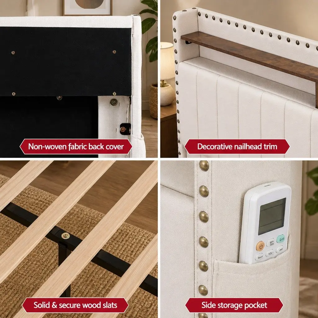 Queen Upholstered Bed Frame with Storage Drawers Charging Station Mood Lighting