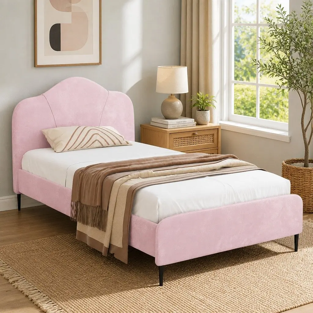 Pink Velvet Upholstered King Single Bed Frame
