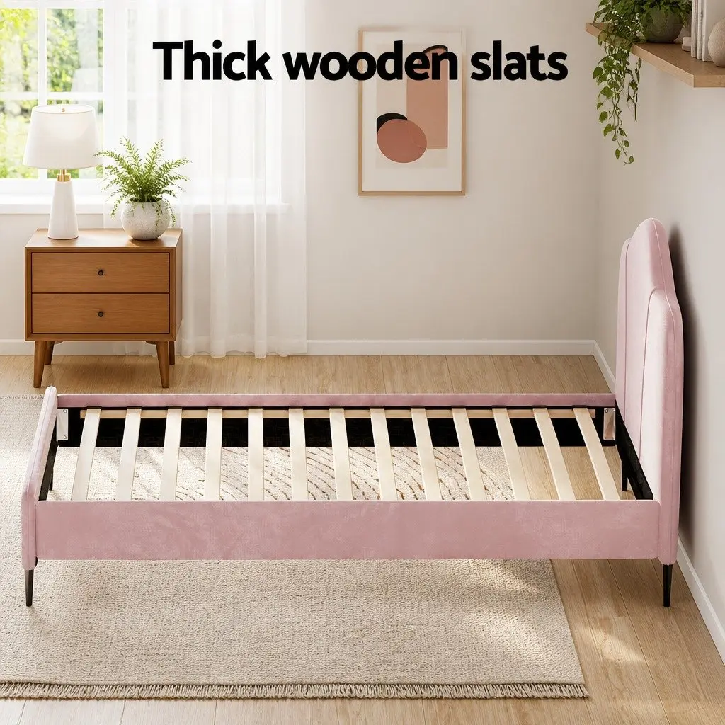 Pink Velvet Upholstered King Single Bed Frame