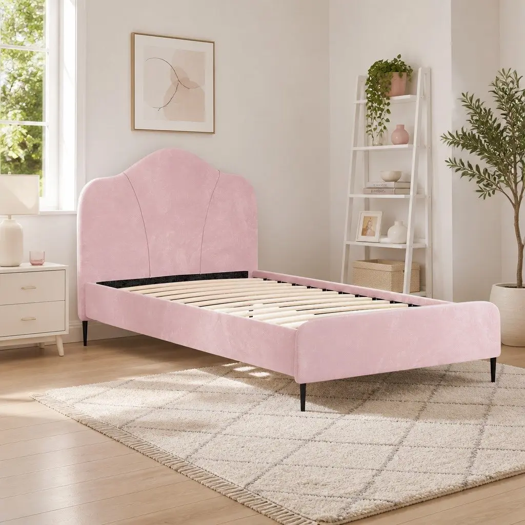 Pink Velvet Upholstered King Single Bed Frame