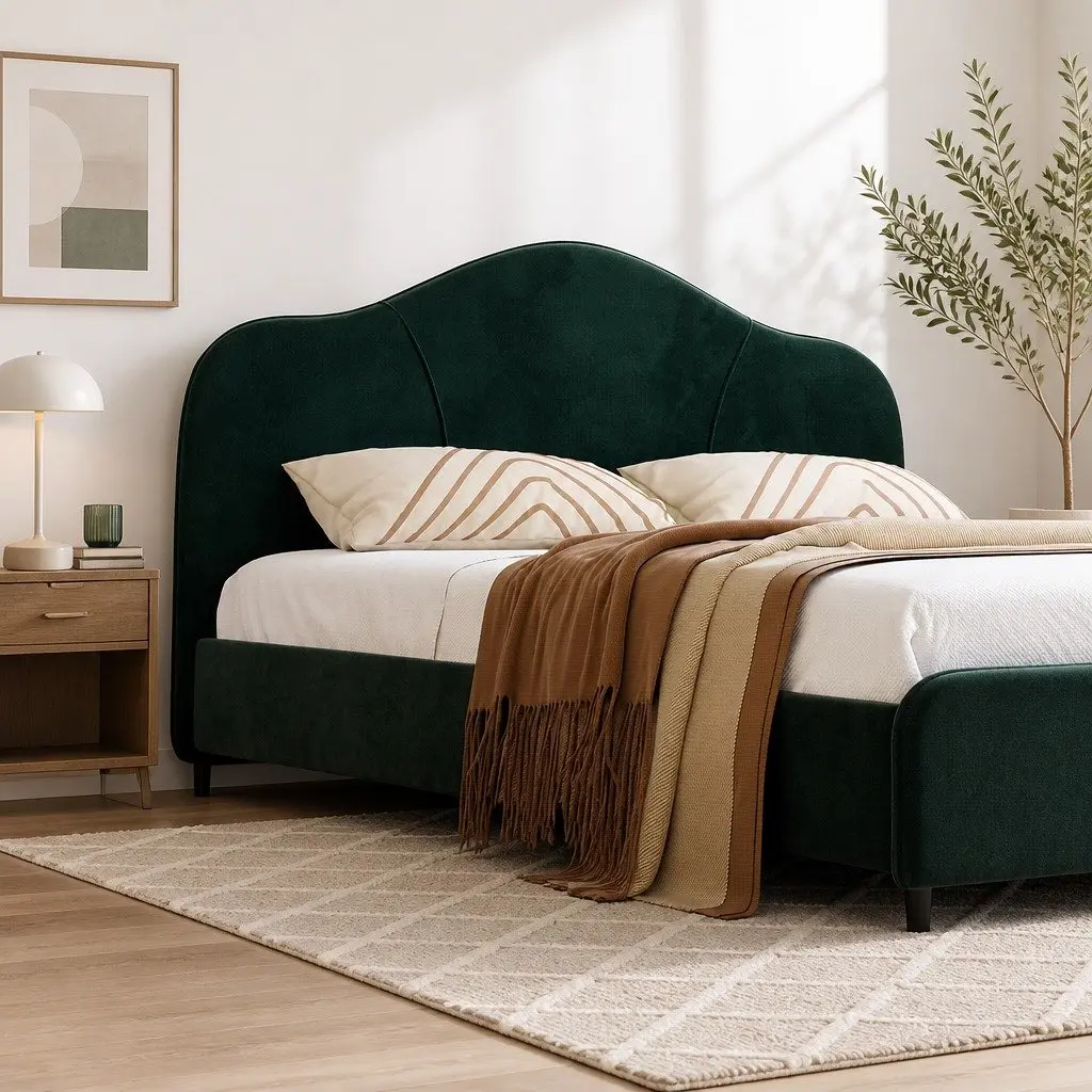 Dark Green Velvet Queen Bed Frame with Wooden Slats
