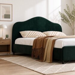 Dark Green Velvet Queen Bed Frame with Wooden Slats