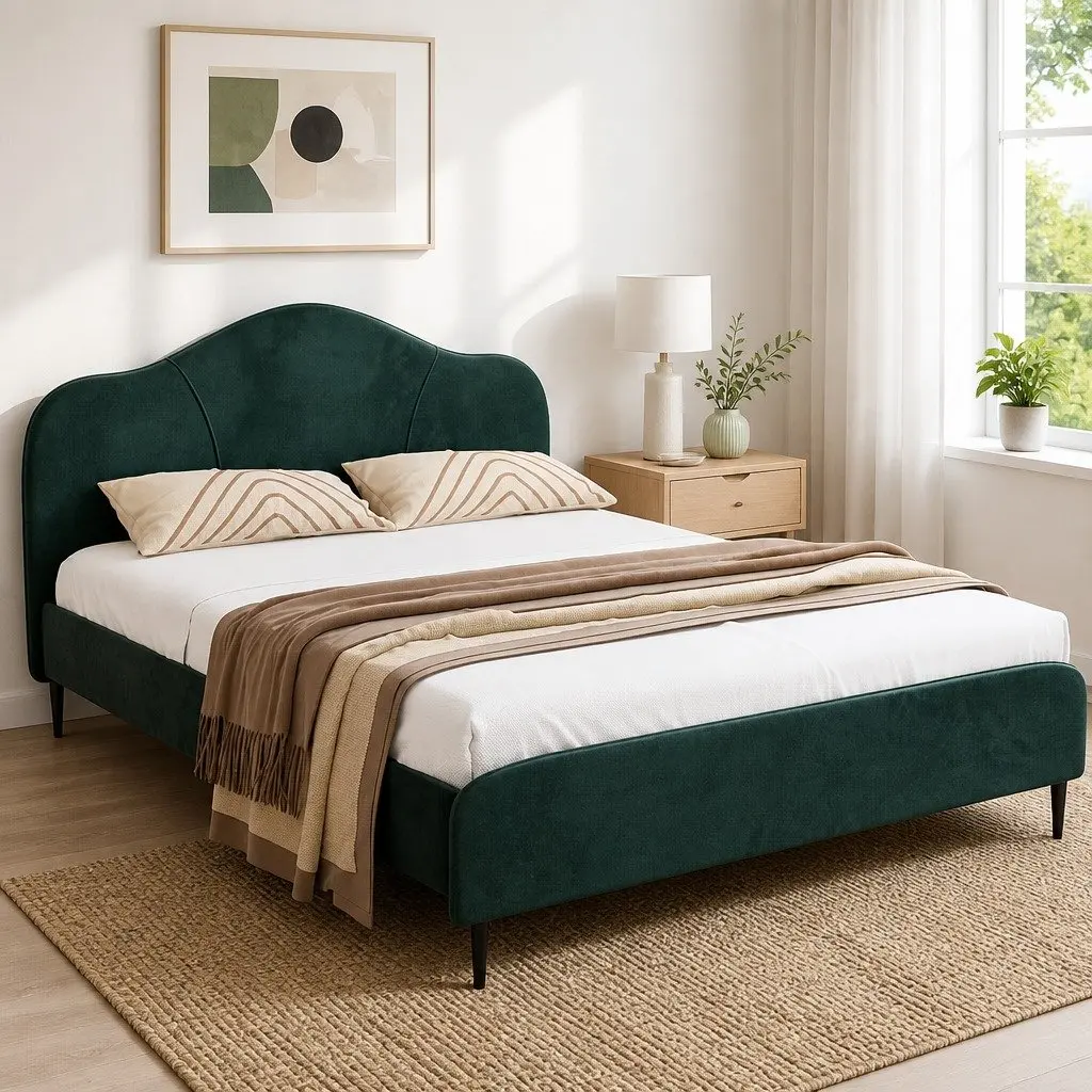 Dark Green Velvet Queen Bed Frame with Wooden Slats