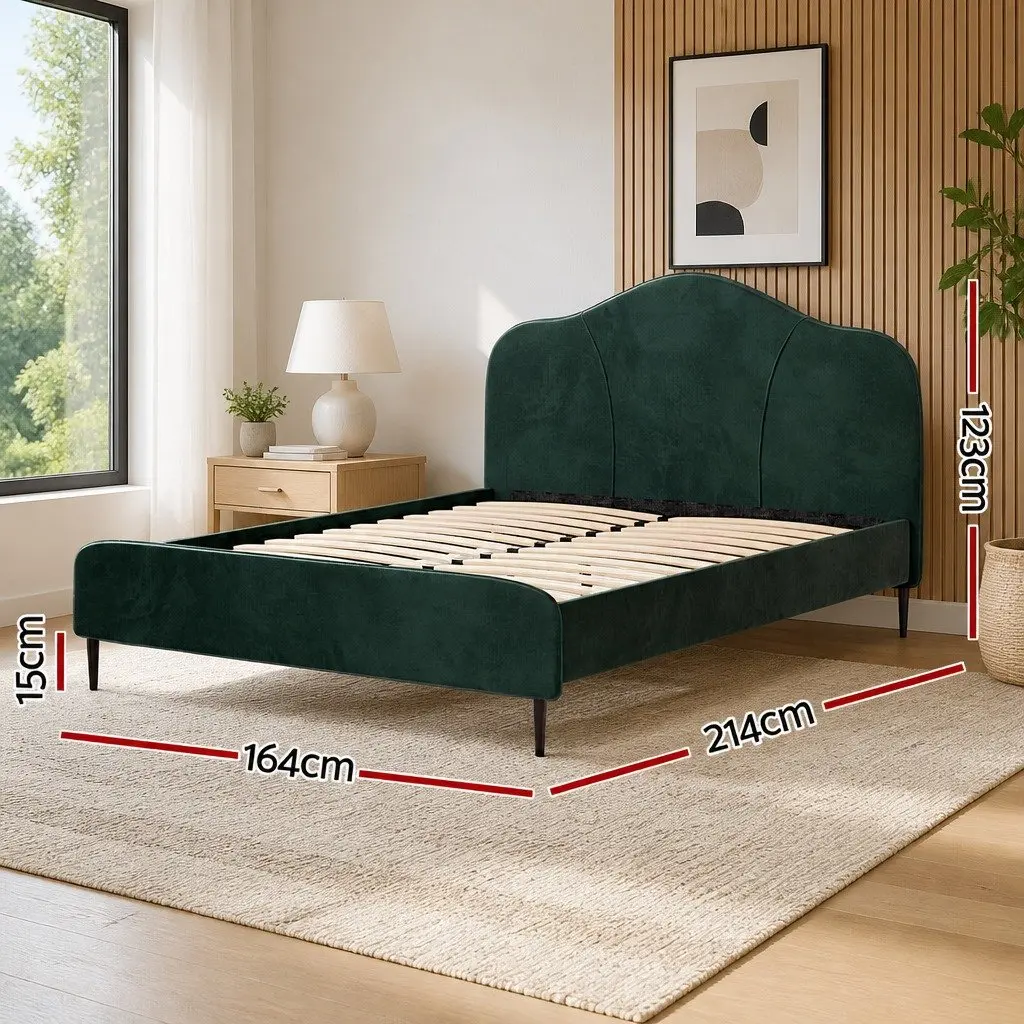 Dark Green Velvet Queen Bed Frame with Wooden Slats