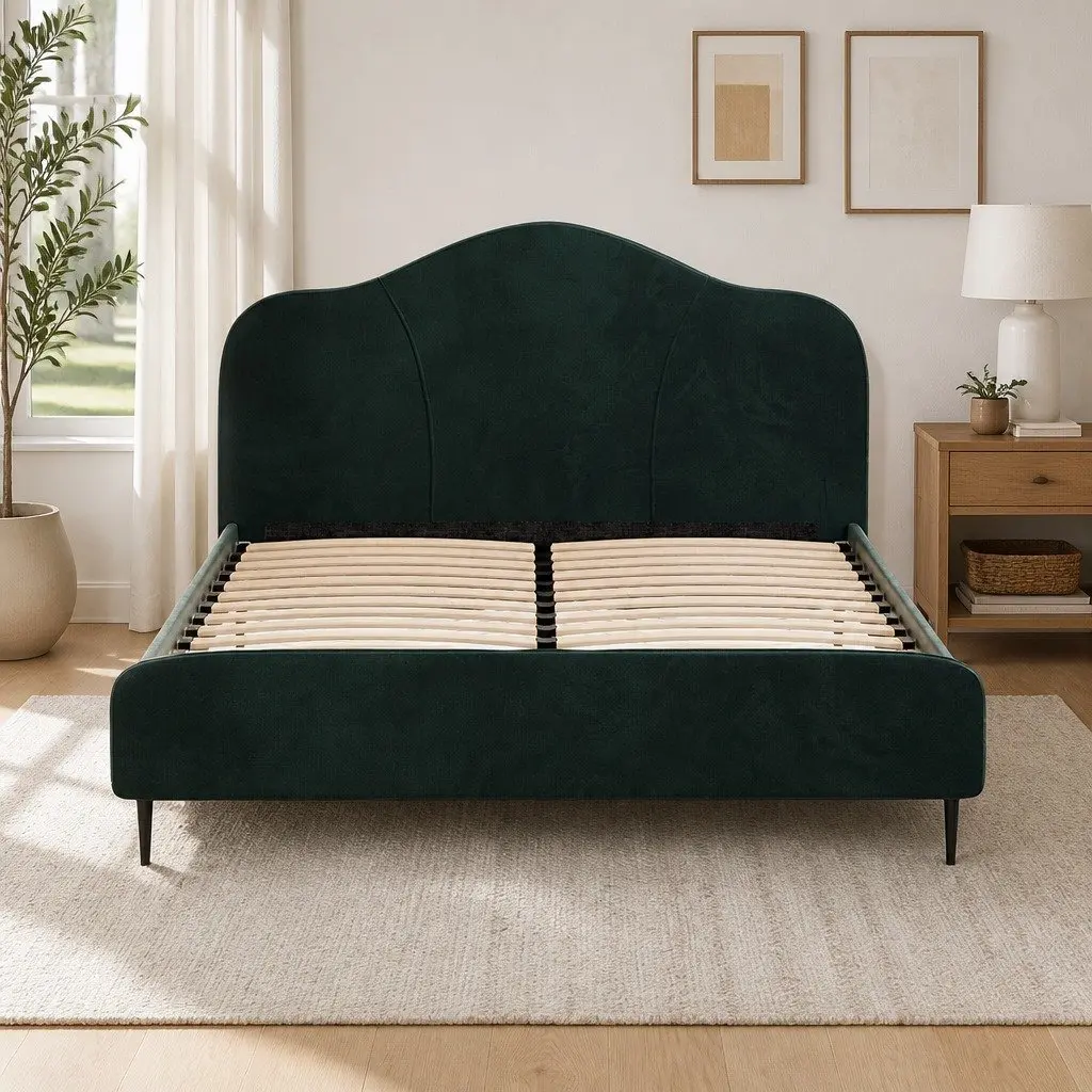Dark Green Velvet Queen Bed Frame with Wooden Slats