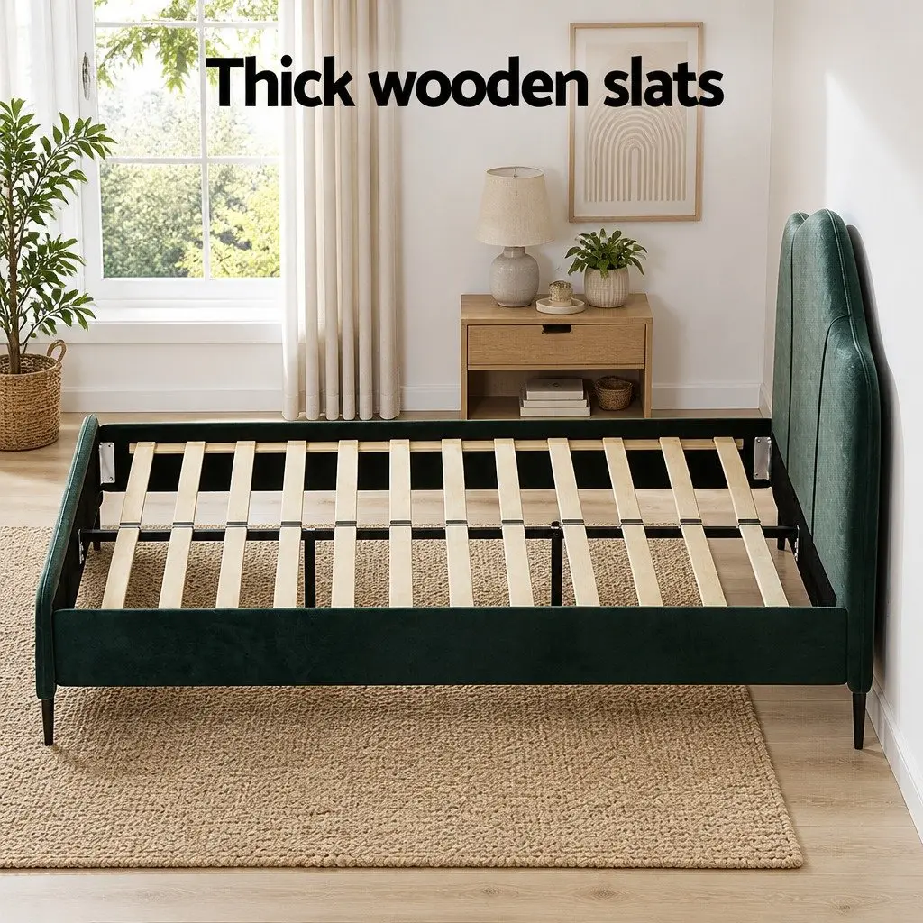 Dark Green Velvet Queen Bed Frame with Wooden Slats
