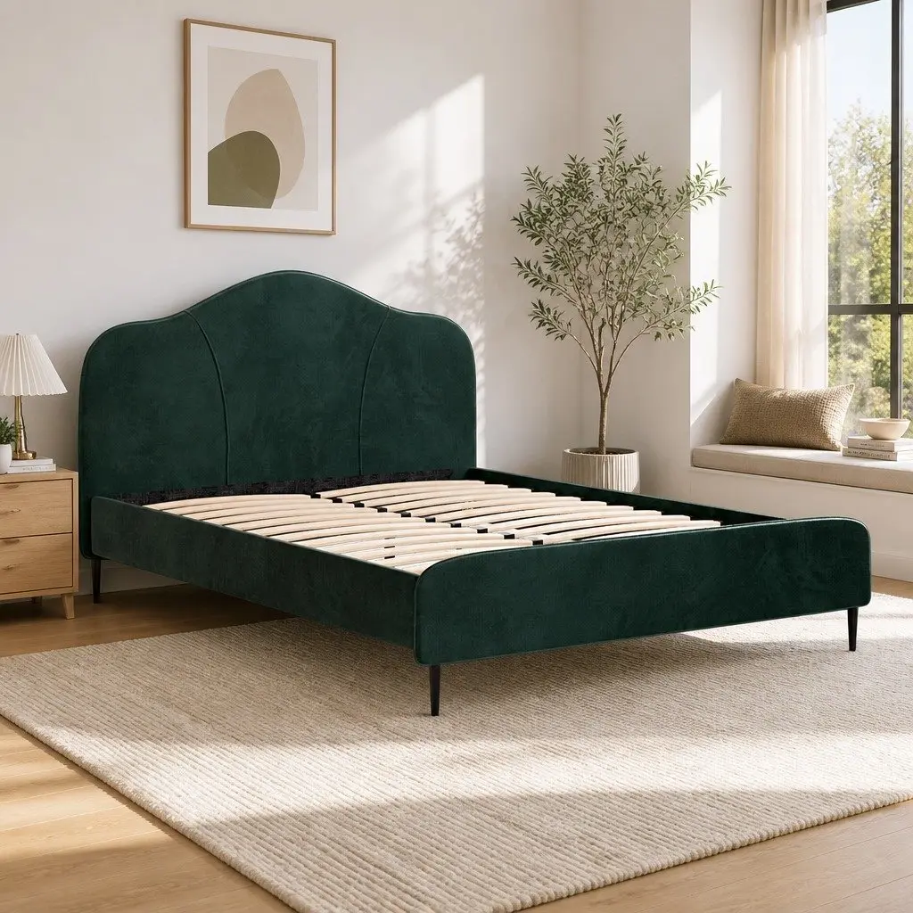 Dark Green Velvet Queen Bed Frame with Wooden Slats