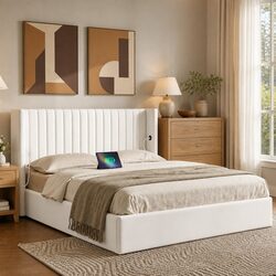 Velvet Double Bed Frame with Storage & USB Charging