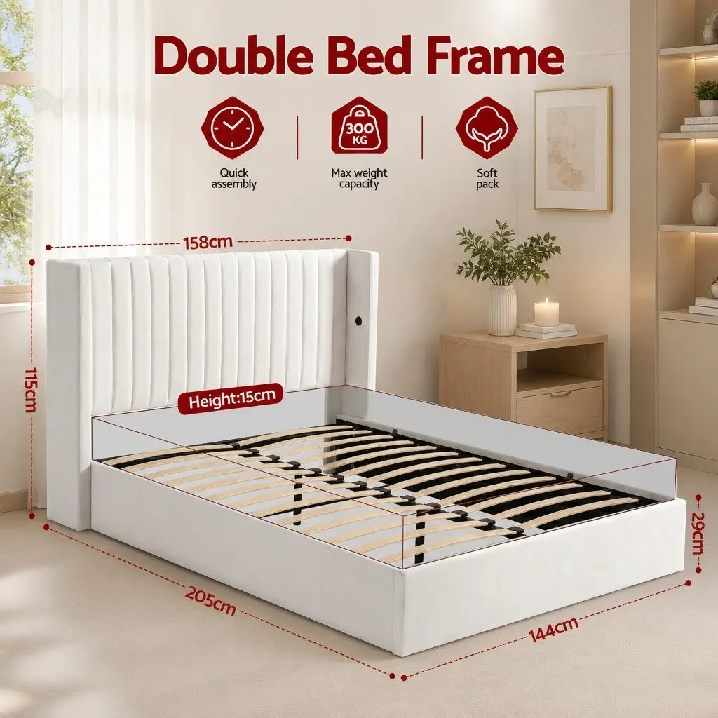 Velvet Double Bed Frame with Storage & USB Charging
