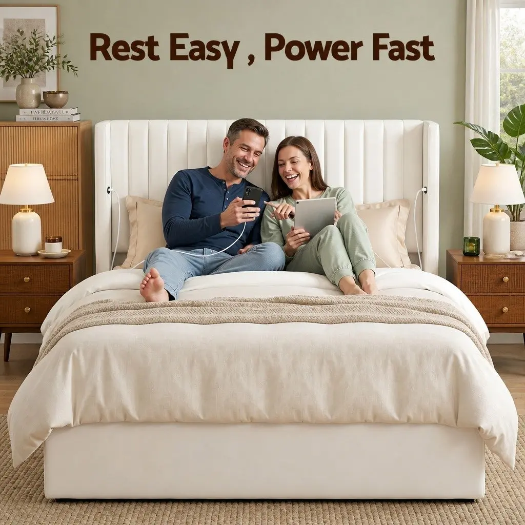 Velvet Double Bed Frame with Storage & USB Charging